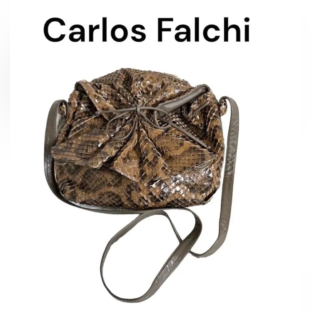 Carlos Falchi Vintage Brown Python Snakeskin Leather Pleated Crossbody Purse Bag